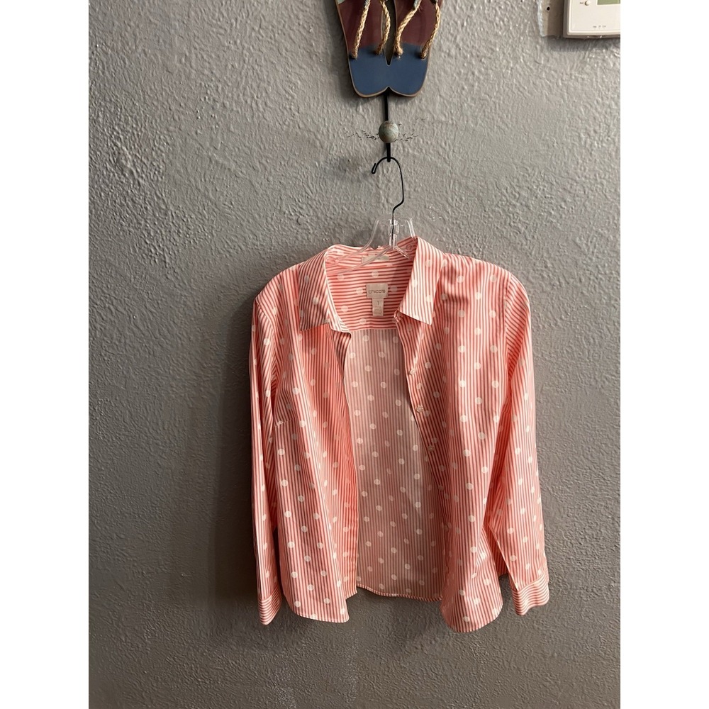 Chicos Women White Striped Button Up Shirt Size 1 3/4 Sleeve Non Iron